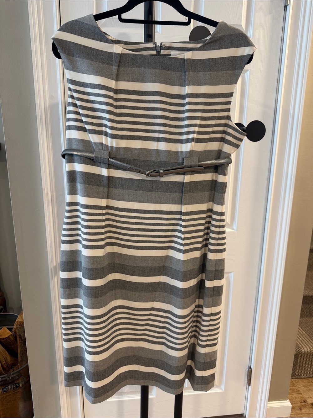 Calvin Klein Gray and White Striped Midi Sheath Dress with Belt